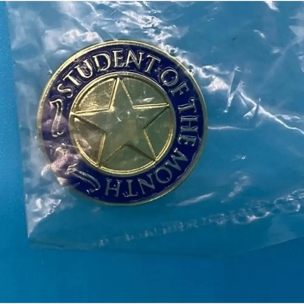 Student of the Month Pin Gold Blue Enamel Round Button Style New in‎ Bag